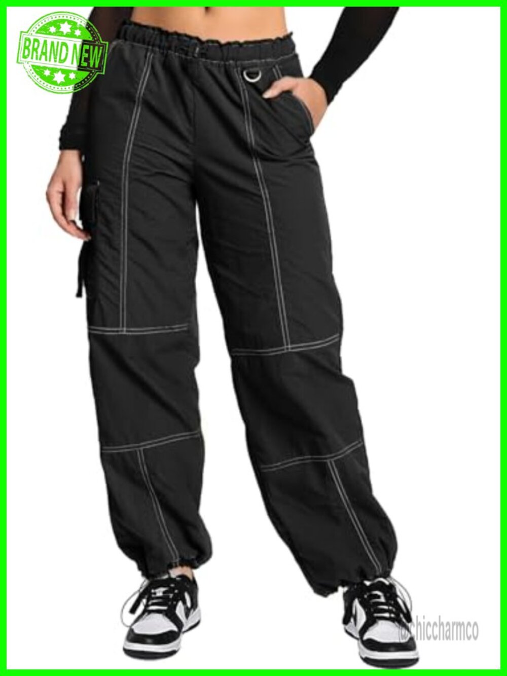 Womens Baggy Cargo Pants Parachute Wide Leg Drawstring Streetwear